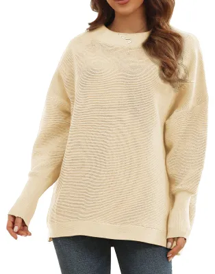 Productafbeelding van Lange mouwen trui voor dames, herfst/winter, ademend, losvallend, elegant, effen kleur, gebreide trui, top, abrikoos, maat XS