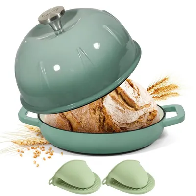 Produktbild von Gusseisen-Brotbacktopf 5,35L Meersalzgrün mit Mini-Ofenhandschuhen