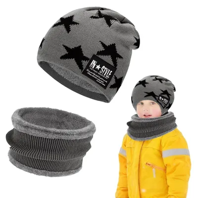 Produktbild von Kinder Wintermütze und Schal Set mit Fleecefutter für 5-15 Jahre Jungen Mädchen Grau