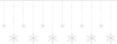 A string of Christmas lights with stars and snowflakes hanging down.