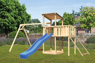 Produktbild von Spielturm Spielhaus Karibu Anna 107 x 107 cm Holz bestehend aus Rutsche, 2 Brettschaukeln, Anbau, Netzrampe