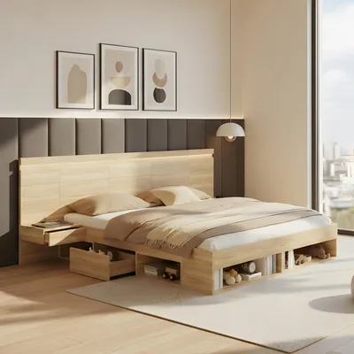 Produktbild von STILVORA Doppelbett 180x200 cm mit Stauraum und LED-Beleuchtung, Holzbett mit USB- und Type-C-Ladestation und 2 Nachttischen, Jugendbett mit Schubladen Naturfarbe