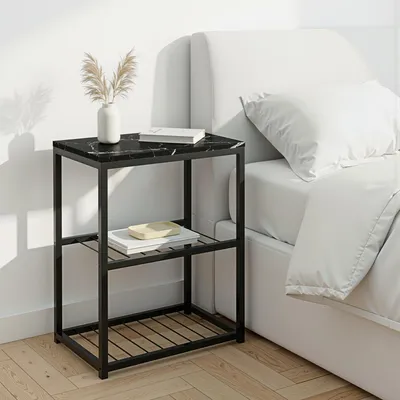 Produktbild von Carenza Home Beistelltisch Schwarz Marmor Optik Metallgestell 2 Gitterablagen 44x29x63cm Nachttisch Sofatisch Wohnzimmer