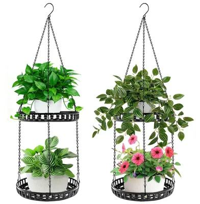 Image de Jardinière suspendue à deux niveaux, support métallique noir, pot suspendu pour plantes, panier suspendu pour l'intérieur et l'extérieur