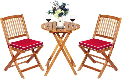 Produktbild von COSTWAY 3tlg. Gartenmöbel Set, Bistrotisch mit 2 Stühlen, Balkonmöbel Sitzgruppe klappbar mit 2 Kissen, Gartengarnitur, Sitzgruppe Akazienholz Rot