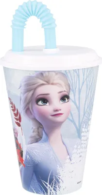Produktbild von STOR Disney Frozen 430 ml Plastikbecher für Mädchen, BPA-frei, waschbar und wiederverwendbar, mit Strohhalm und Deckel.