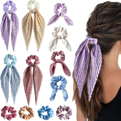 Produktbild von Haargummis aus Satin, 12 Stück, verschiedene Farben und 3 Schleifenformen, für glattes und lockiges Haar