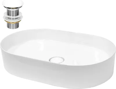 Produktbild von LuxeBath Waschbecken Aufsatzwaschbecken Oval, 60,5x38x12,5 cm, Weiß, aus Keramik, inkl. Ablaufgarnitur ohne Überlauf