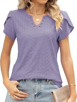 Image de ASKSA T-shirt femme manches pétale creux chemisier col V été manches courtes uni haut lâche, Violet, L