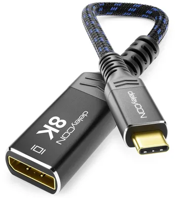 Produktbild von deleyCON 8K USB-C auf DisplayPort Adapter für Monitor (8K@60Hz / 4K@120Hz) aus Aluminium, Thunderbolt 3/4, für iPhone 17 16 15 Pro Max Air, MacBook, iPad Pro/Air, Galaxy S26 S25 S24, Notebook, Tablet