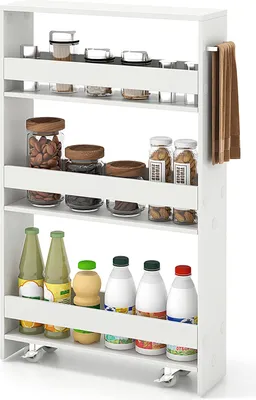 A white four-tier rolling cart filled with various food items and jars, placed on a white background.