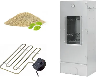 A collage of items related to smoking food, including wood chips, a heating element, and a smoker.