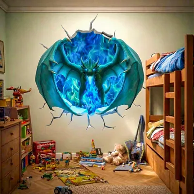 Produktbild von Decords Wandtattoo – blauer Feuerdrache in einem Fantasyportal, 80 cm