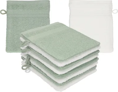 Produktbild von Betz 10 Stück Waschhandschuhe 16x21 cm PREMIUM 100% Baumwolle  Farbe: heugrün - weiß