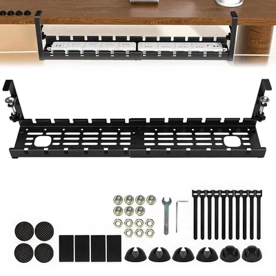 Produktbild von Ausziehbarer Kabelkanal für Schreibtisch 28,5–55 cm, Metall Kabelwanne, Kabelhalter & Organizer, ohne Bohren