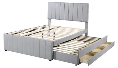 Produktbild von Polsterbett Doppelbett 140x200cm Ausziehbett Schubladen Leinen Hautfreundlich Kinderbett Jugendbett Gästebett Grau