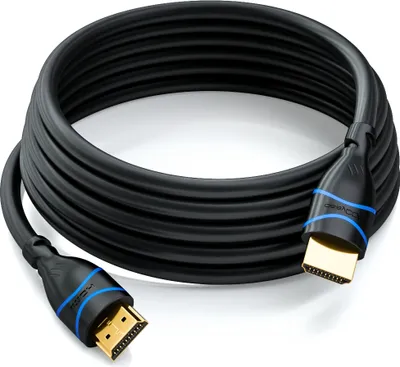 A coiled black HDMI cable with gold-plated connectors and blue accents on a white background.