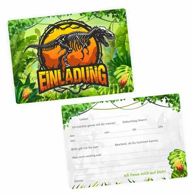 Zdjęcie produktu dla 10 zaproszeń Dinosaur T-Rex wraz z 10 przezroczystymi kopertami