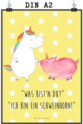 Produktbild von Mr. & Mrs. Panda Bild Einhorn Schwein DIN A2 - Gelb Pastell - Geschenk, wanddeko, kunstdruck poster, Freundin, Schweinchen, Einhörner, Deko, wanddruck, Unicorn