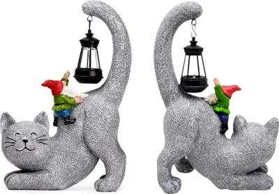 Produktbild von Solar Katzenfigur Garten – Tierfigur mit Elfe, Resin, Outdoor Dekoration, 19x9x28cm