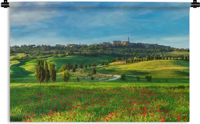 Produktbild von MuchoWow® Wandteppich Wandbehang Toskana - Landschaft - Blumen 90x60 cm Tapisserie Dekoration Wandtuch - Wandskulpturen - Bildteppich