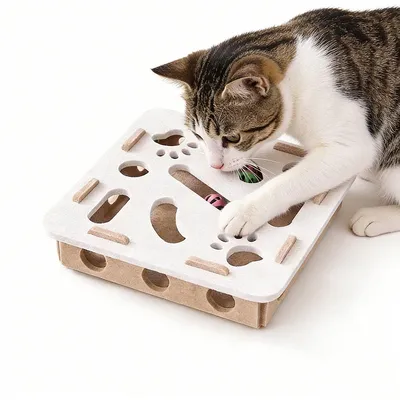 Produktbild von Katzen Puzzle-Spielzeug aus Filz – Interaktiv mit 3 Glöckchenbällen – Beige