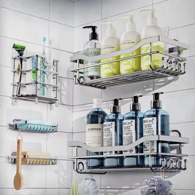 Image de Étagère de douche en acier inoxydable - Autocollante - Rangement de salle de bain - Argent - Acier inoxydable 304