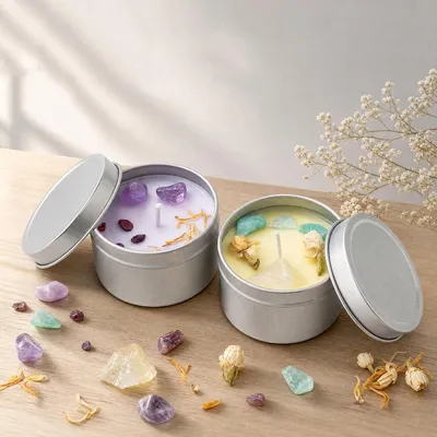 Zdjęcie produktu dla Naturalne świece sojowe, 2 sztuki, dekoracyjne świece zapachowe z naturalnymi kryształami, do aromaterapii, o zapachach lawendy, cedru i cynamonu, bez parafiny