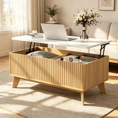 Immagine prodotto di Tavolino da divano INONEFT con piano regolabile in altezza, tavolino moderno per il soggiorno con gambe in legno massello, tavolino multifunzionale, legno, bianco
