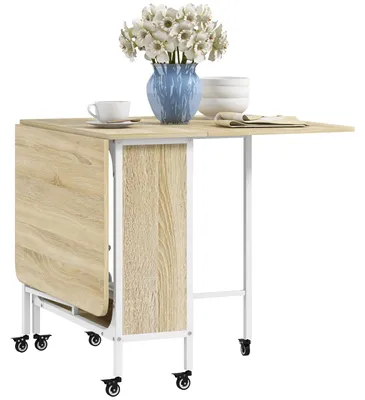 Produktbild von Klappbarer Kš¹chentisch mit Rollen, Ausklappplatte und Ablage, 130 x 80 x 74 cm, Naturholz