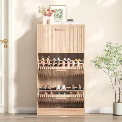 Imagen del producto de Zapatero con 3 puertas abatibles, estante para zapatos, compartimento abierto, 60 x 24 x 113 cm, capacidad para 18 pares de zapatos, aspecto de madera