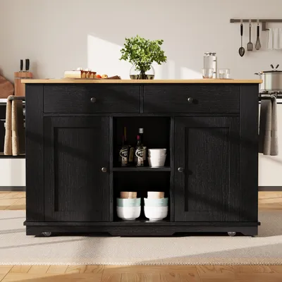 A black kitchen island with a wooden countertop is shown in a well-lit kitchen setting.