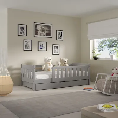 Produktbild von Masseno Kinderbett ELSA 80x190 cm mit Schublade, Rausfallschutz, Einzelbett für Mädchen und Jungs, Holz, Hellgrau