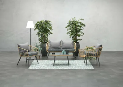 Produktbild von Garden Impressions Polyrattan Lounge-Set "Columbus" inkl. Sofa, Sesseln, Tisch und Kissen natur / grau