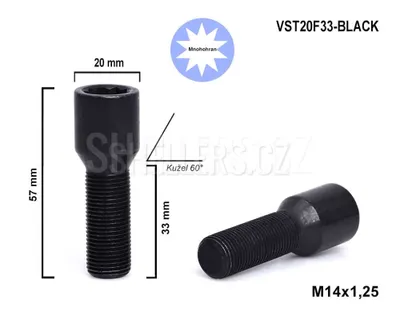 Obrázok produktu pre Skrutka M14x1,25x33 s vnútorným polygónom, VST20F33-BLACK, priemer hlavy 20 mm, výška 57 mm