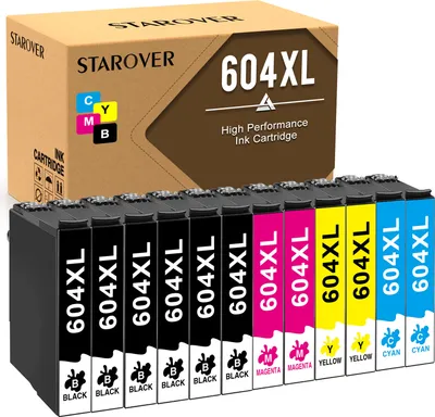 A box of Starover 604XL ink cartridges with multiple cartridges displayed in front.