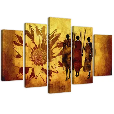 Image de Tableau en toile 5 pièces Guerriers africains 100 x 70 cm Feeby brun Tableau mural prêt à accrocher