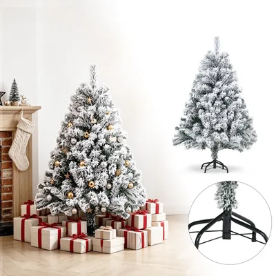 Image de Arbre de Noël artificiel ISOISL, 120 cm, avec effet neige, 340 branches, sapin artificiel dense, recouvert d'une couche épaisse, avec un pied en métal pliable