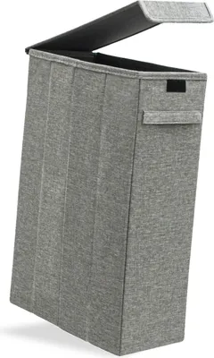 A gray fabric laundry basket with a lid is shown against a white background.