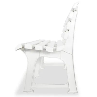 A white plastic garden bench shown from the side.