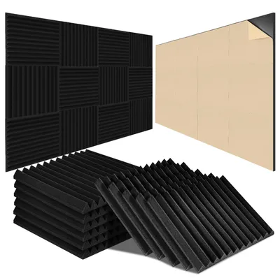 Obrázek produktu pro Akustická pěna Eikuavons, samolepicí, 24 kusů, trojúhelníkové drážky, 30 x 30 x 2,5 cm, černá