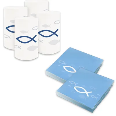Produktbild von itenga 6x Windlicht + 40x Servietten - Fisch - hellblau weiß