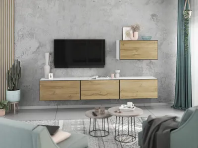 Produktbild von Wohnwand VARIANTO 4 Schrank Set 4 tlg., 228 cm, weiß matt / Evoke Eiche, Wandhängend, 4 Schränke mit Klappen und Softclose