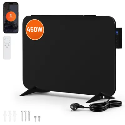Productafbeelding van Vigevee 450W infrarood verwarmingspaneel met app-bediening, touchscreen, timer en handdoekhouder, zwart