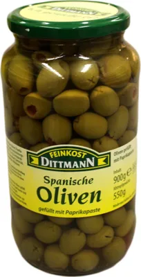 Produktbild von Feinkost Dittmann Spanische grüne Oliven gefüllt mit Paprikapaste, 900 g