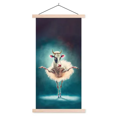 Produktbild von MuchoWow® Textilposter Kuh - Rock - Ballett - Tiere - Porträt - Kinder 60x120 cm mit holzfarbenen Rahmen - Holz