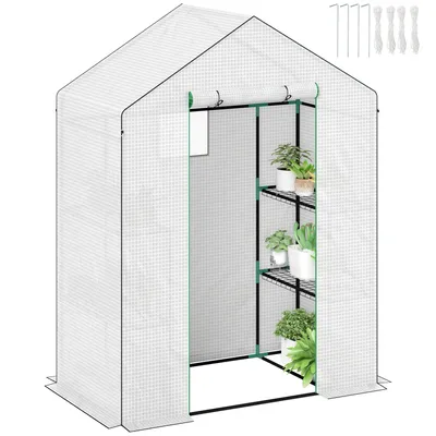 Image de Outsunny Serre avec porte roulante, fenêtres, étagères, résistante à l'hiver Serre en film d'acier, serre pour balcon, jardin, serre à tomates 143 x 74 x 190 cm