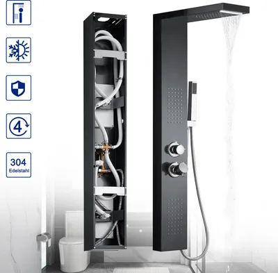 A black shower panel system with its internal components visible on the left, and the operational showerhead and controls on the right.
