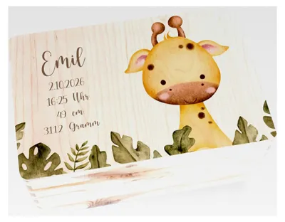 Produktbild von Holz Erinnerungsbox Geschenkbox - Personalisierte Geschenkbox zur Geburt mit Giraffe und Geburtsdaten - 30 x 20 x 14 - Holz