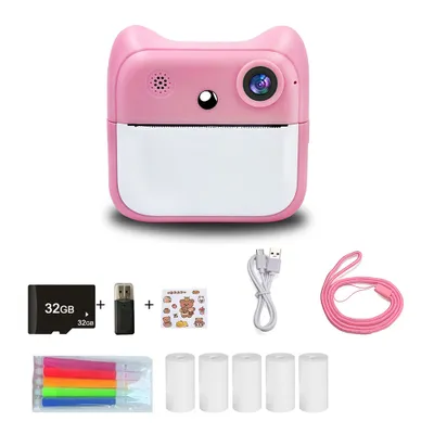 Obrázok produktu pre Detský instantný fotoaparát s 32 GB pamäťovou kartou, dvojitým objektívom, nahrávaním zvuku/videa, termotlačiarňou s 5 termopapiermi, 5 farebnými perami, čítačkou kariet atď